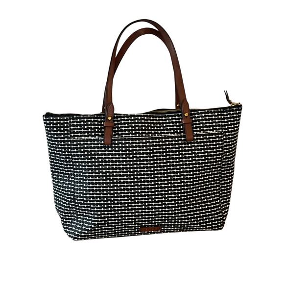 Fossil Black White Rachel Tote Bag Brown Leather Handles Key Charm Work Travel - Picture 1 of 8